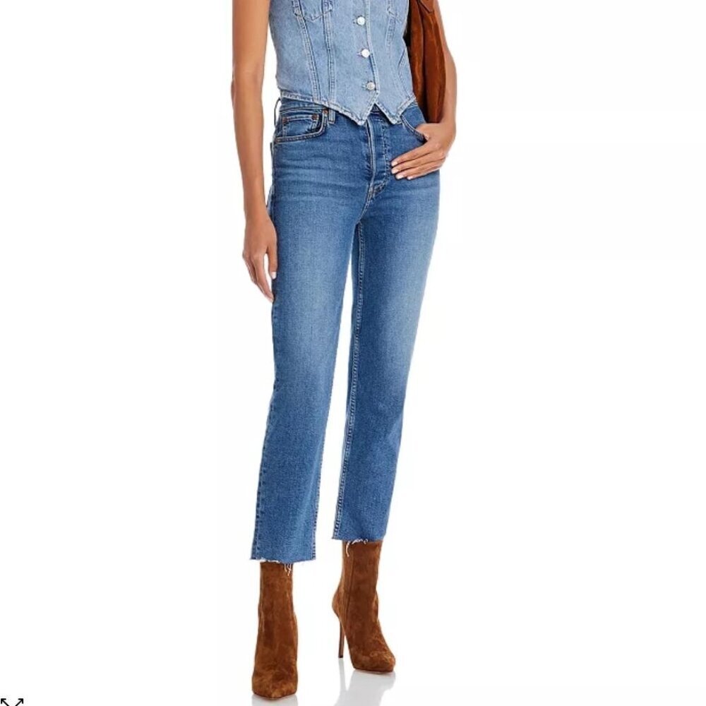 RE/DONE High Rise 70s Stove Pipe Jeans Medium Stone Raw Hem Sz 31
